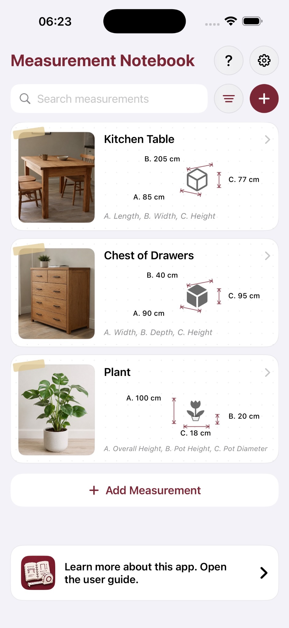 Measurement Notebook home screen showing saved furniture and plant measurements