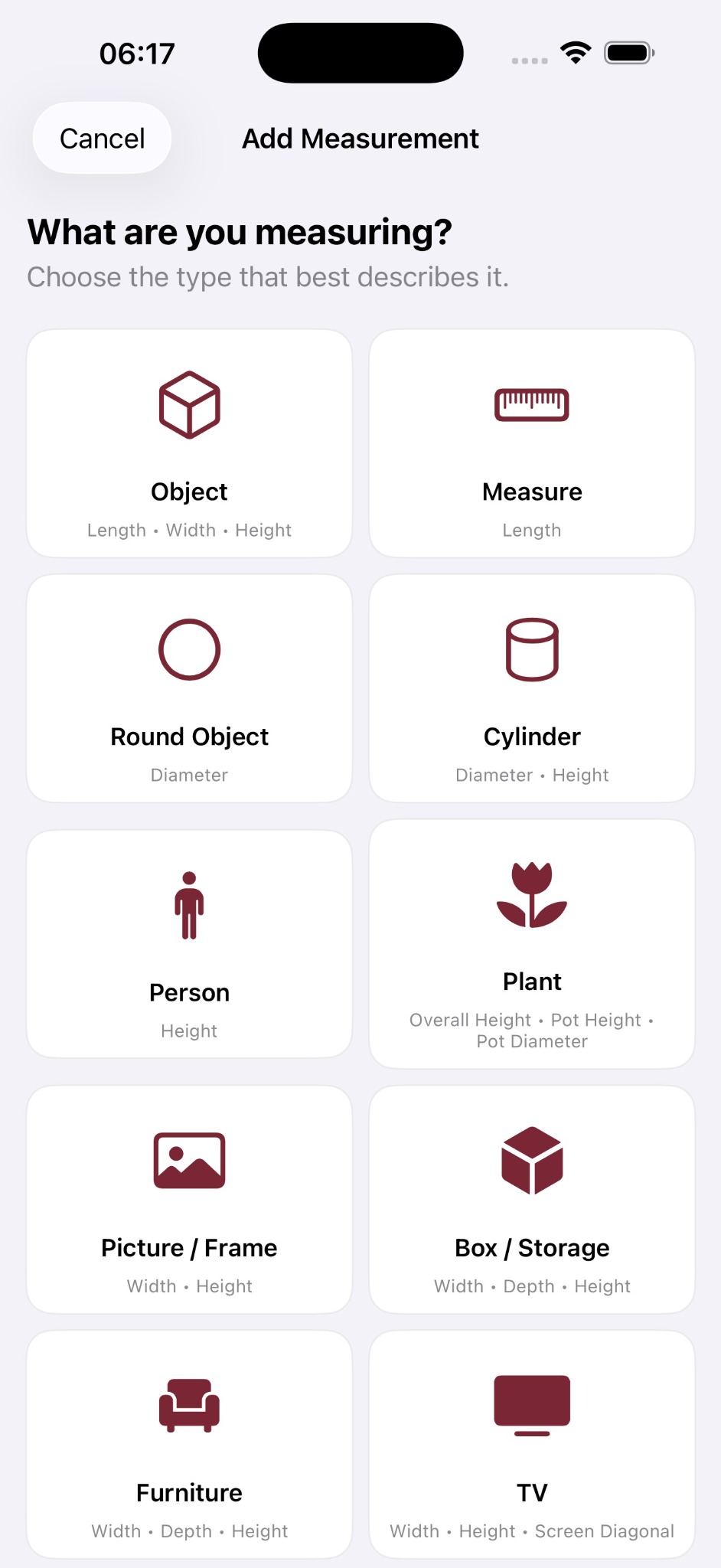 Measurement Notebook screen for choosing what type of item to measure